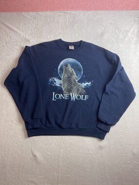 Lone Wolf Howling Moon Men's Navy Blue Sweatshirt Size L Animal Graphic Jerzees